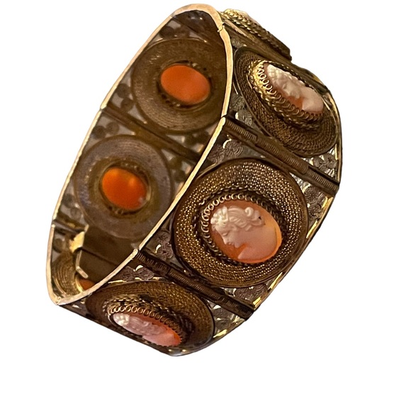 Vintage 800 Italy Gold wash Fancy filagree shell cameo bracelet chunky bangle - Picture 10 of 15